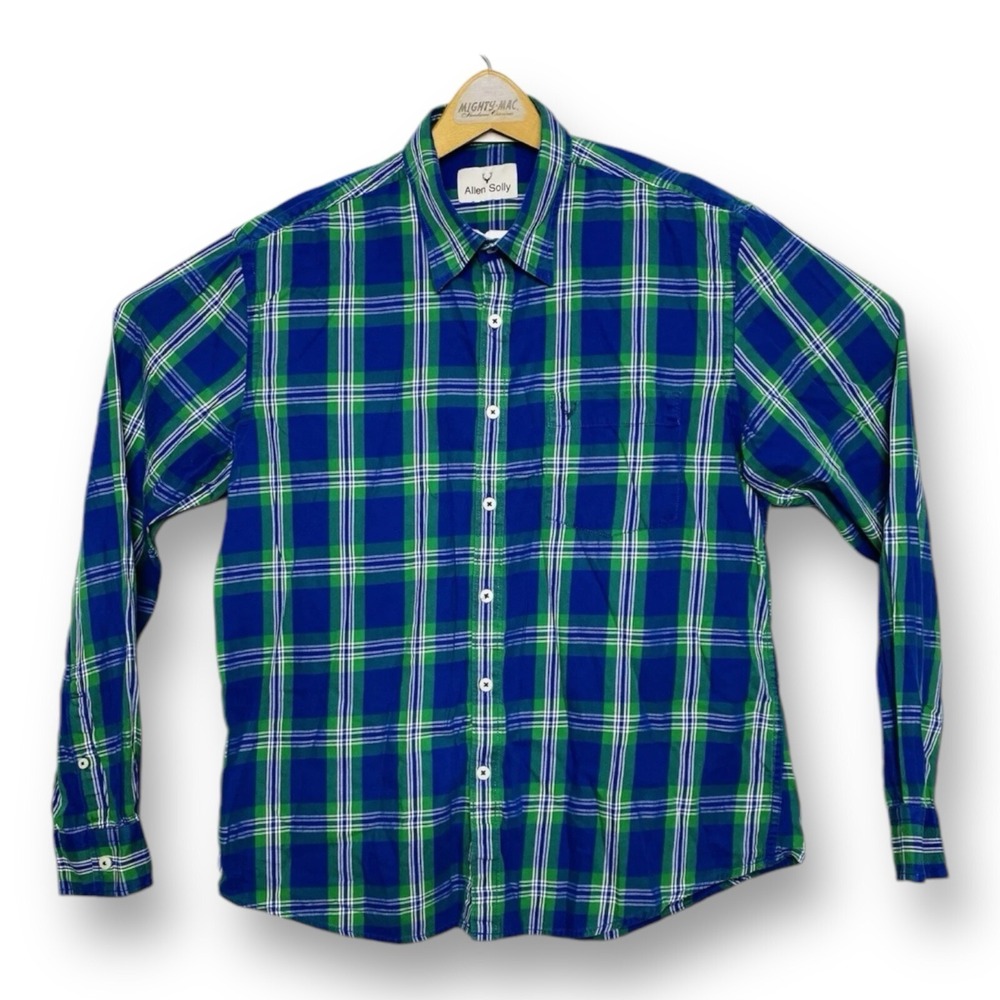 Allen Solly‎ Mens Blue w/ Green & White Check L/S Ctn Btn Down w/ Pocket Size 42